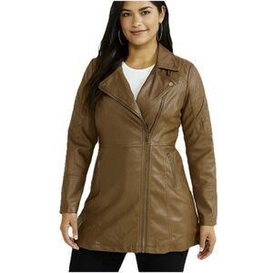 Miss Lili Faux Leather Moto Jacket Brown Long Coat Zip Pockets Women’s M New